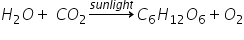 H subscript 2 O plus space C O subscript 2 rightwards arrow with s u n l i g h t on top C subscript 6 H subscript 12 O subscript 6 plus O subscript 2