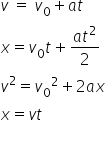 v space equals space v subscript 0 plus a t
x equals v subscript 0 t plus fraction numerator a t squared over denominator 2 end fraction
v squared equals v subscript 0 squared plus 2 a x
x equals v t
