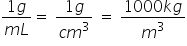 fraction numerator 1 g over denominator m L end fraction equals space fraction numerator 1 g over denominator c m cubed end fraction space equals space fraction numerator 1000 k g over denominator m cubed end fraction