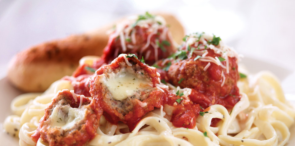 Provolone-Stuffed Meatballs With Fettuccine - Flashcard